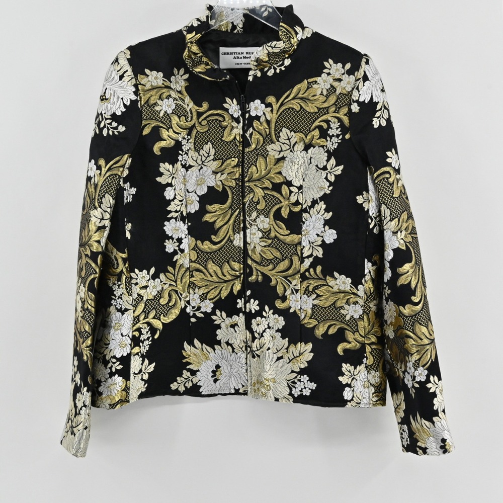 Christian Ruperto Alta Moda Silk Brocade Jacket Womens Size M Black Gold Floral